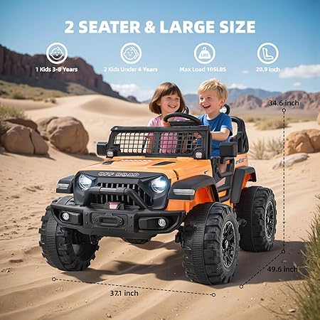 Blitzshark 2 Seater Kids Ride on Truck, 24V Electric Car for Big Kids, 4x4 Kid Battery Powered Car w/480W Ultra Powerful Motor, Remote Control, Full-Metal Suspension, 7AH Battery, 3 Speed, Orange - Image 2